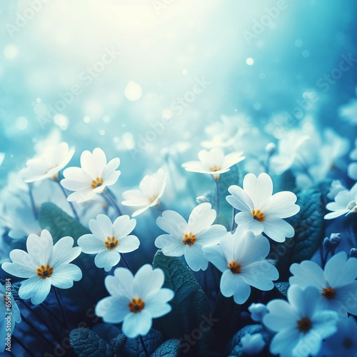 Spring forest white flowers primroses on a beautiful blue background. Macro. Blurred gentle sky-blue background. Floral background desktop wallpaper a postcard. Romantic soft gentle artistic image.