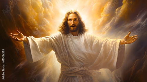 The resurrected Jesus Christ ascending to heaven above the bright light sky and clouds and God, Heaven and Second Coming concept