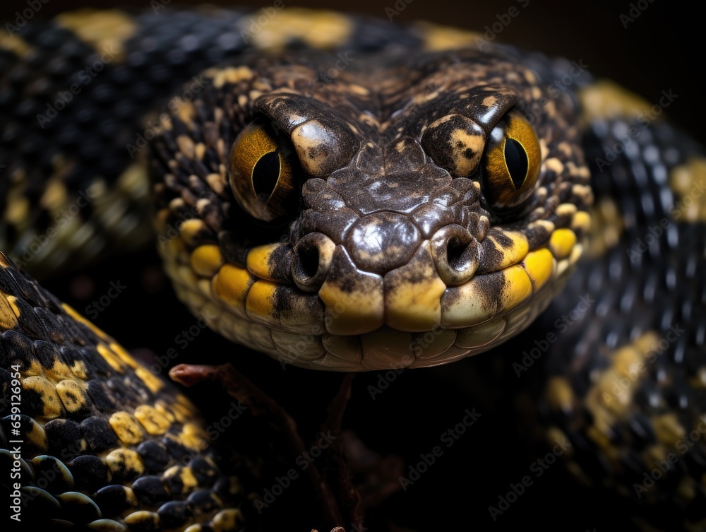 Close-up of a snake's head curled up and looking at the camera. A reptilian animal. Nature background. Illustration for cover, card, postcard, interior design, banner, poster, brochure or presentation Close-up of a snake's head curled up and looking at the camera. A reptilian animal. Nature background. Illustration for cover, card, postcard, interior design, banner, poster, brochure or presentation