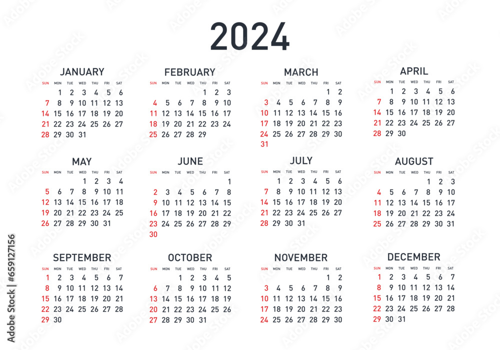 Vector calendar 2024 year. Week starts from Sunday