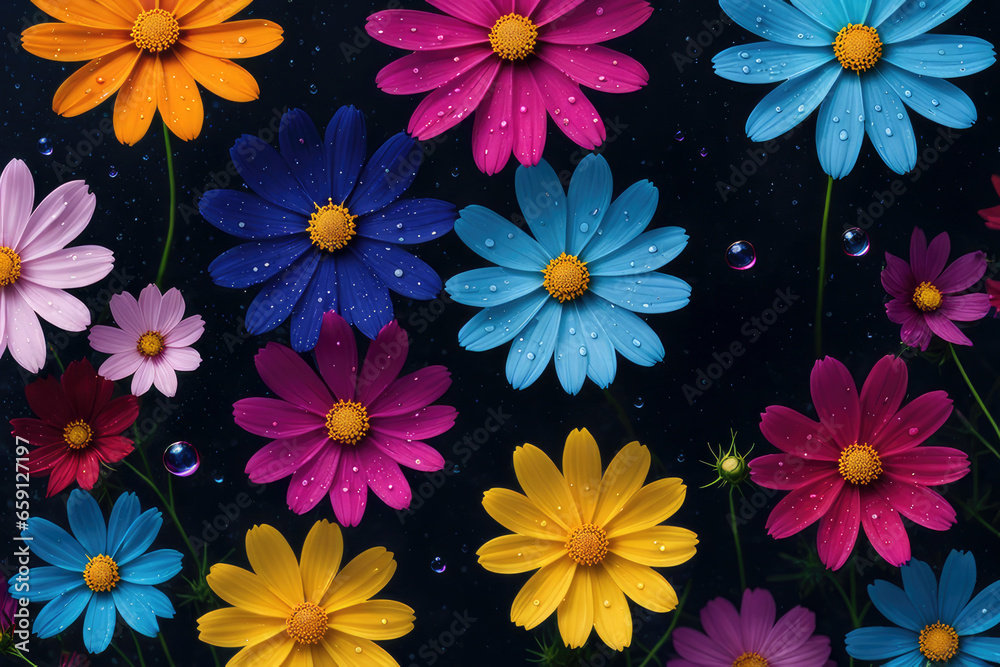 Colorful cosmos flowers background. Generative ai