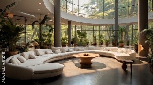 Hotel lobby interior with long sofas, Huge gathering space, High ceiling, Round windows, Round construction, Modern style.