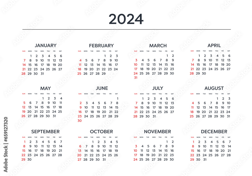 Vector calendar 2024 year. Week starts from Sunday Vector calendar 2024 year. Week starts from Sunday