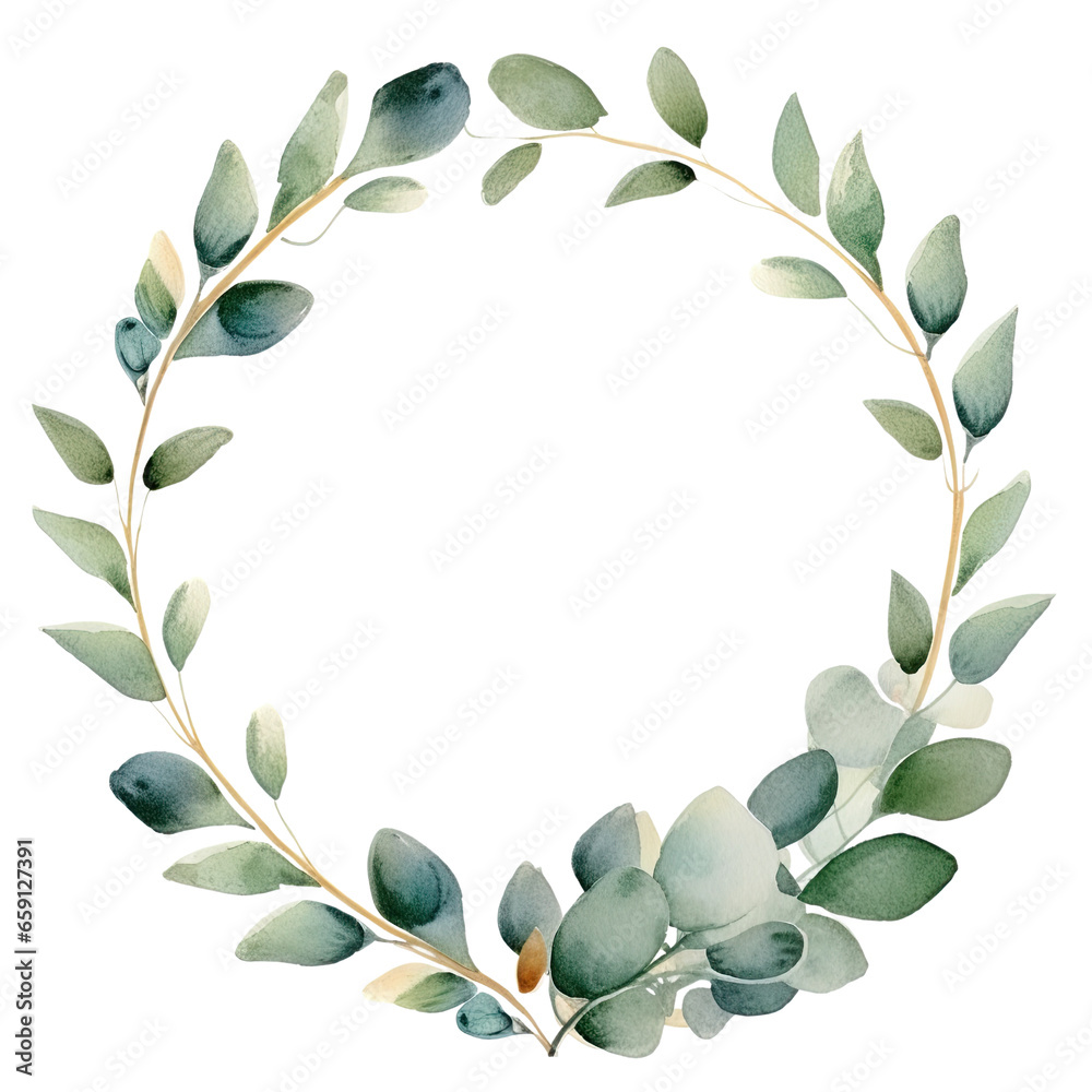 Watercolor Eucalyptus wreath leaves and branche frame, for wedding stationary, greetings, wallpapers, fashion, background. Eucalyptus, olive, green leaves elegant isolated transparent background, PNG.