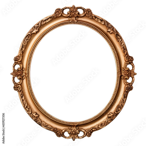 Artistic presentation: Antique round oval gold picture frame in Old baroque style isolated on transparent background for painting, art, wall art, artwork, Generative AI