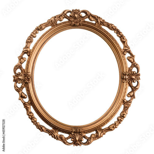 Old baroque style round frame mock up: Antique round oval gold picture frame for photo exhibition isolated on transparent background for painting, art, wall art, Generative AI