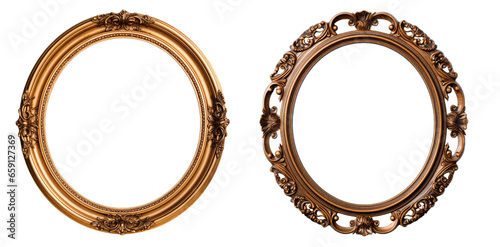 Artwork display: Antique round oval gold picture frame in Old baroque style isolated on transparent background for painting, art, wall art, photo, image, picture, Generative AI photo
