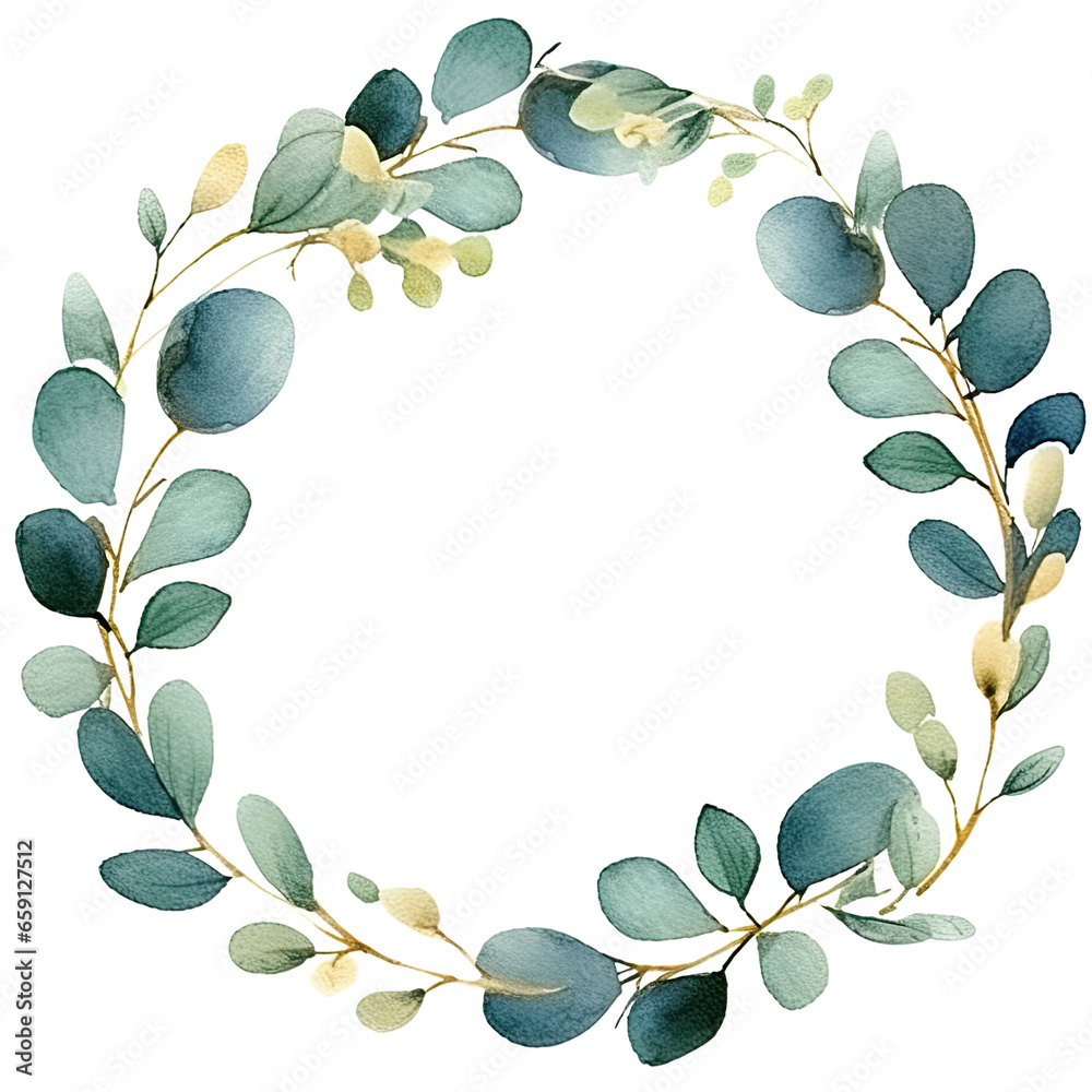 Fototapeta premium Watercolor Eucalyptus wreath leaves and branche frame, for wedding stationary, greetings, wallpapers, fashion, background. Eucalyptus, olive, green leaves elegant isolated transparent background, PNG.