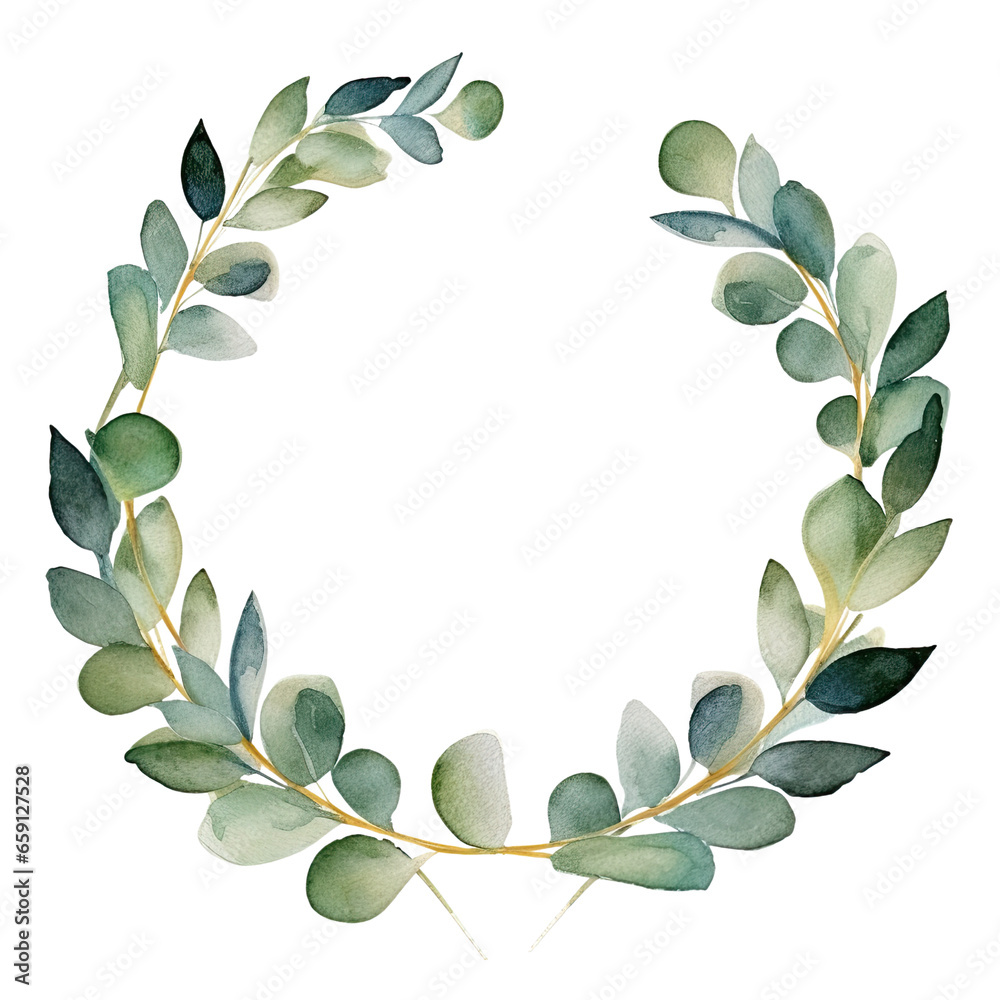 Naklejka premium Watercolor Eucalyptus wreath leaves and branche frame, for wedding stationary, greetings, wallpapers, fashion, background. Eucalyptus, olive, green leaves elegant isolated transparent background, PNG.