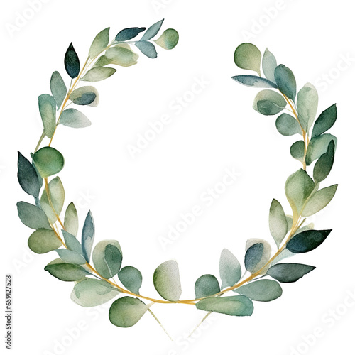 Watercolor Eucalyptus wreath leaves and branche frame, for wedding stationary, greetings, wallpapers, fashion, background. Eucalyptus, olive, green leaves elegant isolated transparent background, PNG.