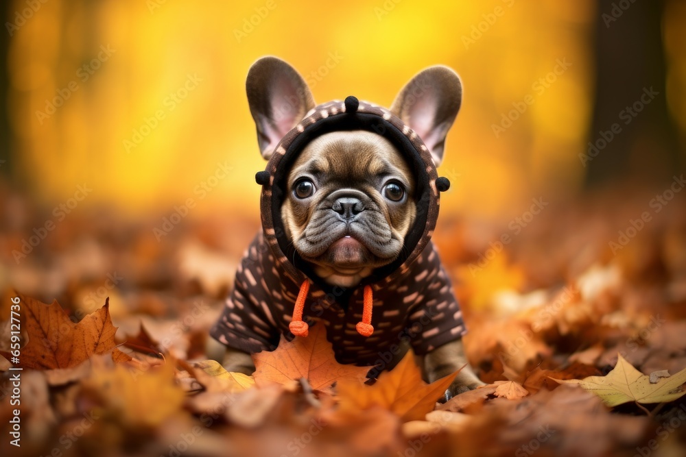 French bulldog autumn. Cute park pet. Generate Ai