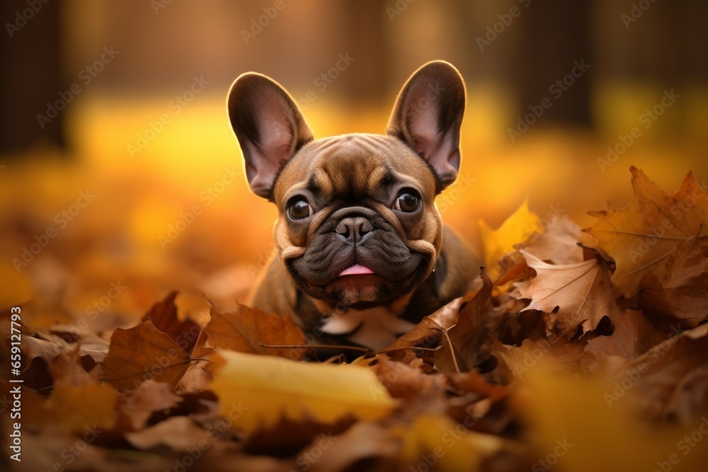 Playful French bulldog autumn. Cute park pet. Generate Ai