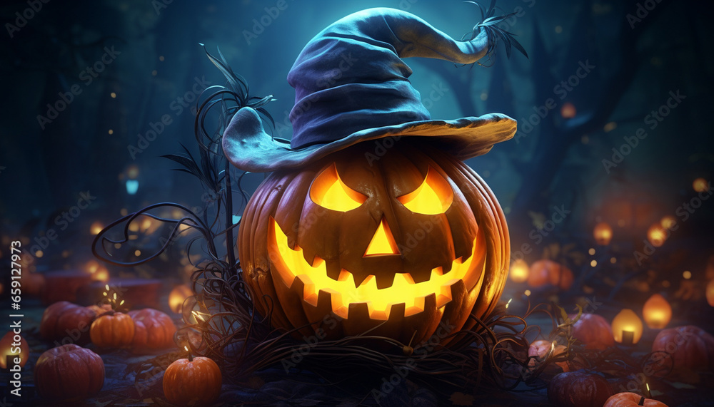 Happy Pumpkin Halloween Character with Neon Lights and Energy Effects on Halloween Landscape Background - Digital Painting Happy Pumpkin Halloween Character with Neon Lights and Energy Effects on Halloween Landscape Background - Digital Painting