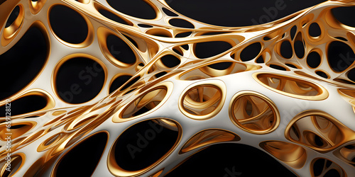 A gold and white abstract design with many holes. The design is very intricate and has a lot of detail