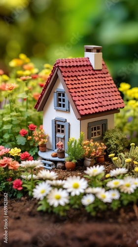 illustration cartoon, cute miniature house with a garden full of flowers