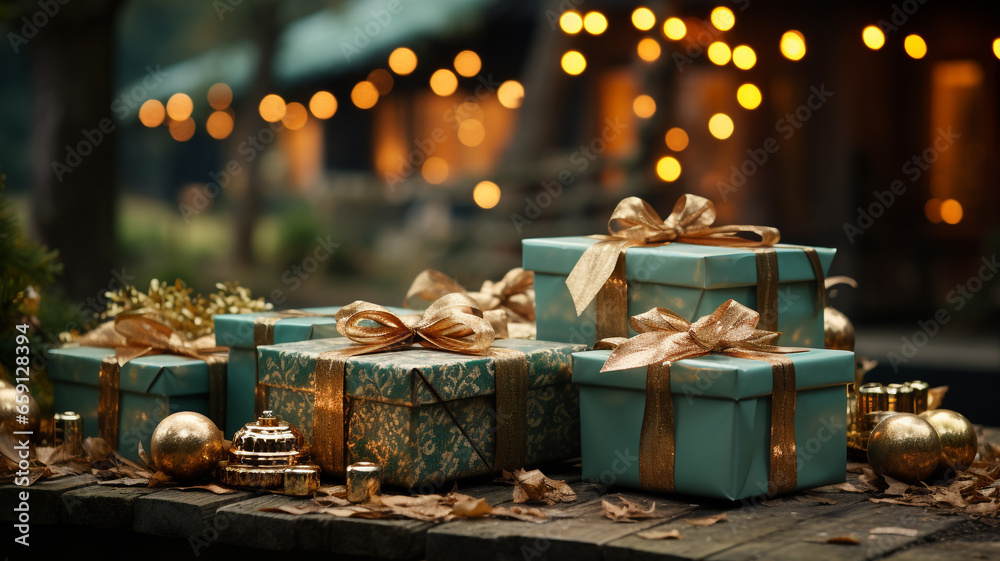 Christmas presents on a wooden surface with bokeh lighting in the background. - obrazy, fototapety, plakaty 