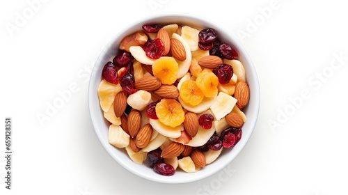 a bowl of mixed nuts and cranberries on a white background.  generative ai