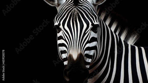  a close up of a zebra's face with a black background. generative ai