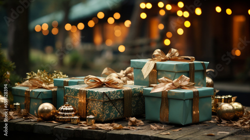Christmas presents on a wooden surface with bokeh lighting in the background. photo