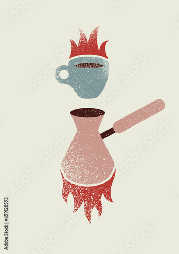 Hot Coffee cup and Turkish coffee pot with flame typographical vintage grunge style poster or menu design. Emblem for cafe and coffee house. Retro vector illustration.