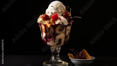  an ice cream sundae with cherries and whip cream.  generative ai