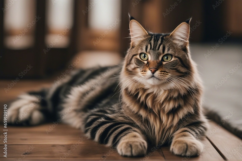 A cute fluffy tabby cat lies in a living room on a wooden floor