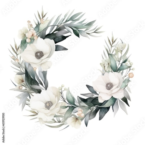 Elegant winter wreath with white flowers and a watercolor frame