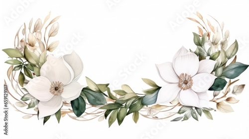 Elegant winter wreath with white flowers and a watercolor frame