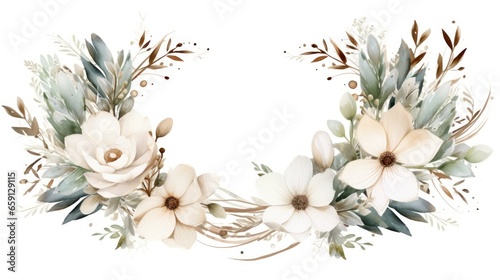 Elegant winter wreath with white flowers and a watercolor frame