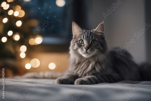 A cute gray fluffy cat lies on a soft plaid near the window and looks curiously with festive lights behind