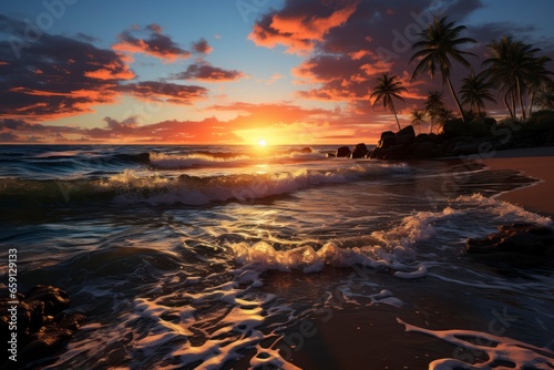 A serene tropical beach at sunset, with palm trees swaying in the gentle breeze and the ocean reflecting the warm hues of the setting sun © Hunman