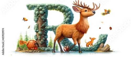 DEER AND initial letter R. Cute and cute cartoon