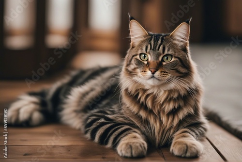 A cute fluffy tabby cat lies in a living room on a wooden floor © FrameFinesse
