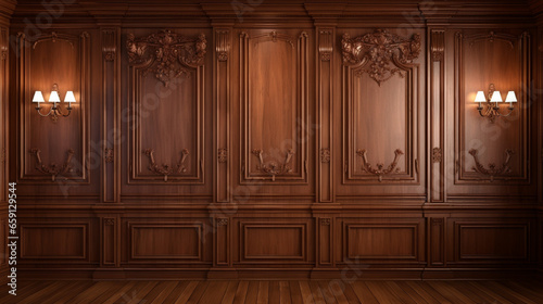Luxury wood paneling background or texture highly crafted classic traditional wood paneling, with a frame pattern often seen in courtrooms premium hotels and law offices photo