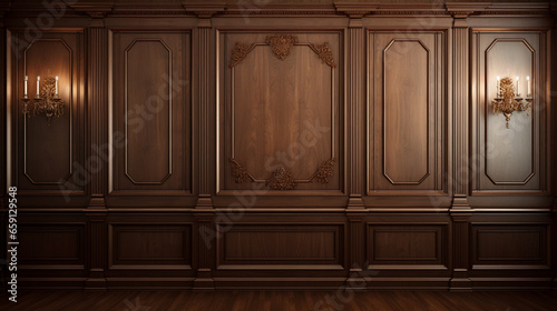 Luxury wood paneling background or texture highly crafted classic traditional wood paneling, with a frame pattern often seen in courtrooms premium hotels and law offices photo