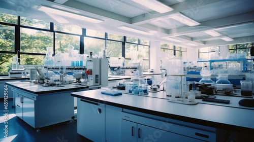 Science laboratory, Research desks, Medical test machine on counter in hospital.