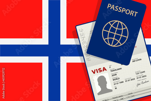 Visa to Norway and Passport. Norwegian Flag Background. Vector illustration