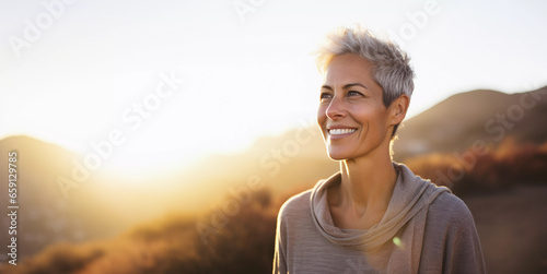 Lifestyle portrait of happy mature woman walking alone on park trail outside