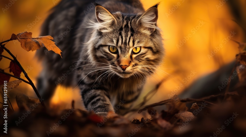  a cat walking through a leaf filled forest in the fall.  generative ai