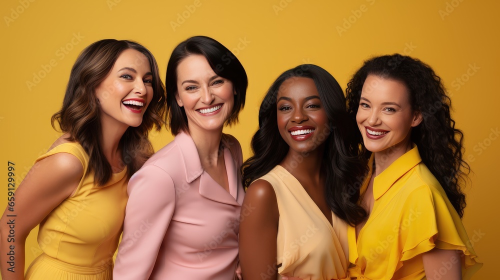 serenity of diverse adult female friends with short dark hair and makeup, radiating confidence against a sunny yellow background on a delightful day serenity of diverse adult female friends with short dark hair and makeup, radiating confidence against a sunny yellow background on a delightful day