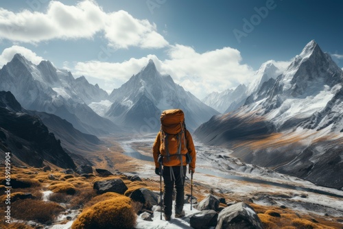 An adventurous backpacker standing on a rugged mountain peak, with a breathtaking panoramic view of distant valleys and snow-capped peaks