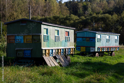 Large trailers are equipped under beehives for transportation. Mobile beehive trailer. © Andriy