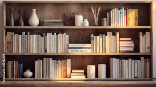 A wooden shelf with multiple shelves and books