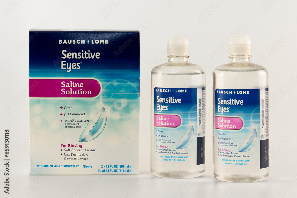 Bausch and Lomb Sensitive Eyes Saline Solution and Trademark Logo Stock ...