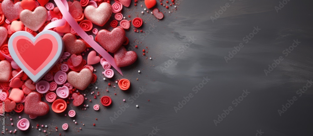 Valentine s card with red pencils candies hearts and ribbons on textured background Valentine s card with red pencils candies hearts and ribbons on textured background