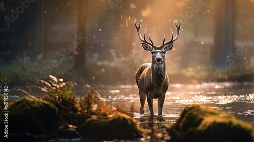  a deer is standing in a stream in the woods in the rain.  generative ai © Olga