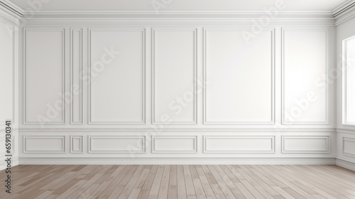 White wall with classic style mouldings and wooden floor empty room interior