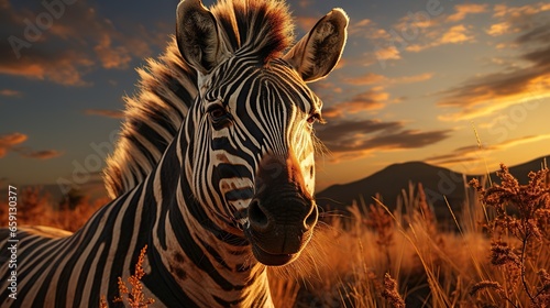  a zebra standing in a field of tall grass at sunset.  generative ai