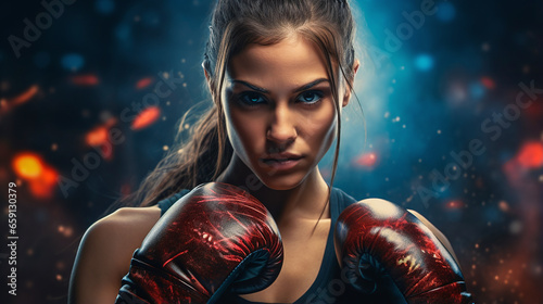 portrait of a female boxer holding her red box gloves in front of her upper body © bmf-foto.de