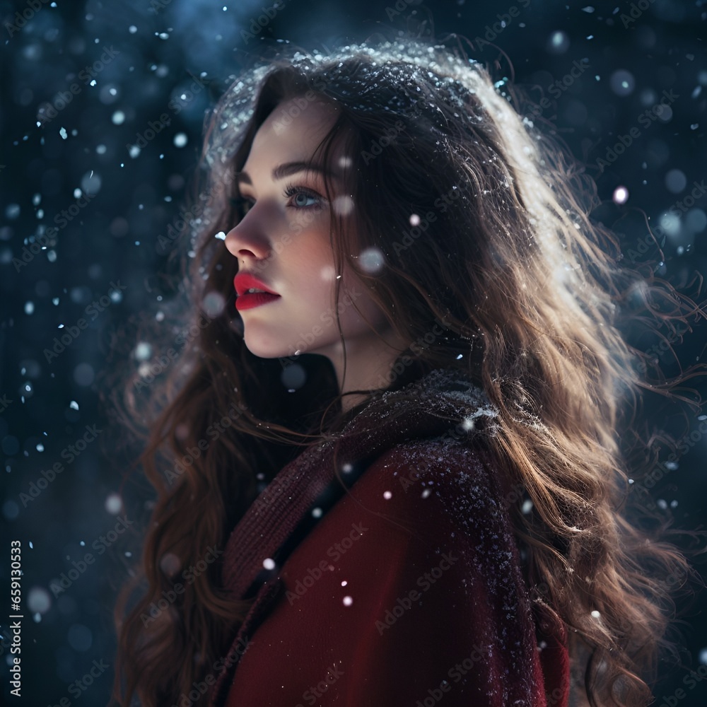 Beautiful woman surrounded by snowflakes, portrait Beautiful woman surrounded by snowflakes, portrait